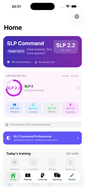 SLP Command Home dashboard showing estimated SLP level and skill breakdown
