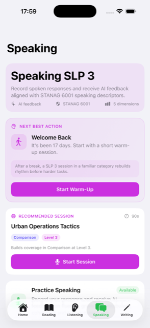Speaking module with AI evaluation